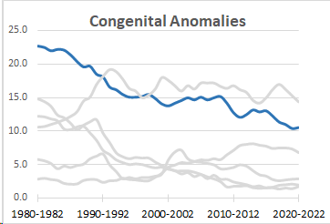 Congenital Anomalies Death Rates (IMR 1980: 22.7 and IMR 2022: 10.6), 1980-2022