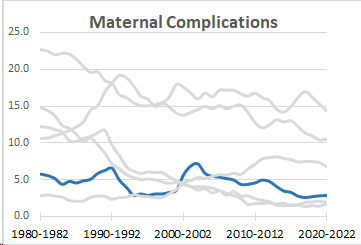 Newborn Affected by Maternal Complications Infant Rates by Leading Causes of Infant Deaths (IMR 1980: 5.8 and IMR 2022: 2.9), 1980-2022
