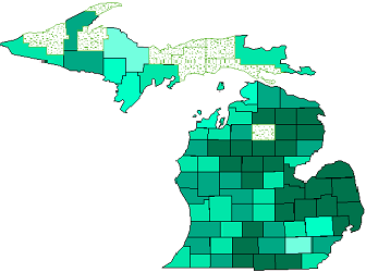 Map of age-adjusted COVID-19 mortalty rates by Michigan county.